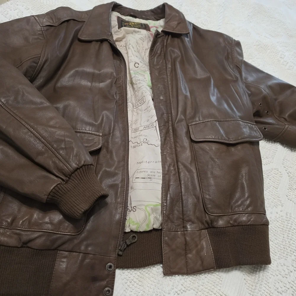 Vintage Reed Mens Leather Aviator Flight A2 Bomber Jacket Size L World Map Lined